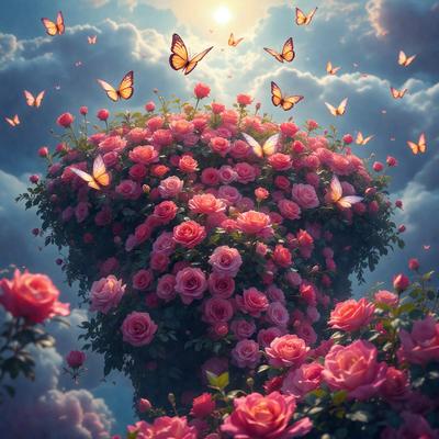 Primary subject: A large bush filled with pink flowers.

Setting/background: The bush is surrounded by a cloudy sky, and there are many butterflies flying around it.

Visual style: The image is a digital artwork, featuring a vibrant and colorful scene.

Colors and mood: The dominant colors are pink and white, creating a soft and delicate atmosphere.